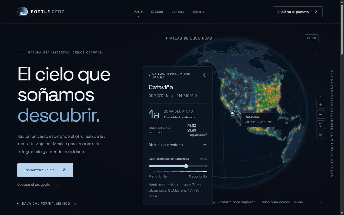Portada del Observatorio Bortle Cero: el globo con el atlas de oscuridad y la ficha de Cataviña, zona 1a